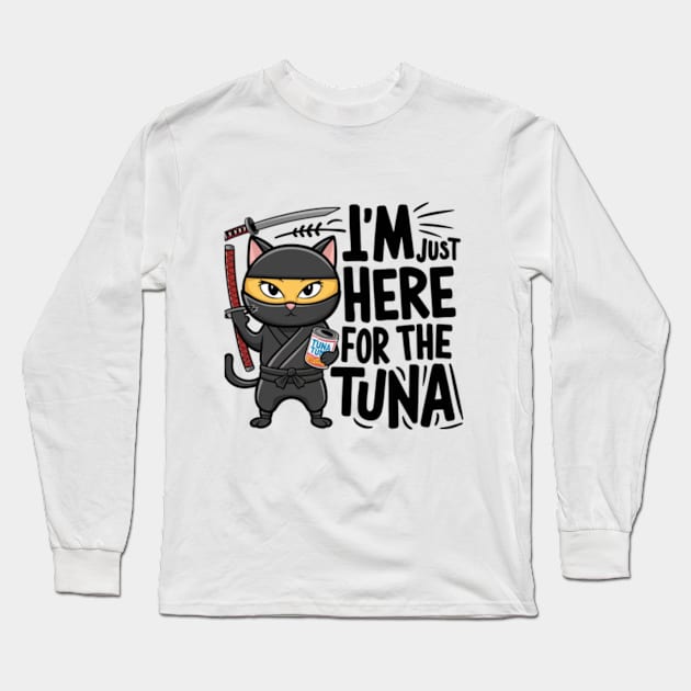 One design features a sneaky ninja cat with a katana in one hand and a can of tuna in the other. (4) Long Sleeve T-Shirt by YolandaRoberts